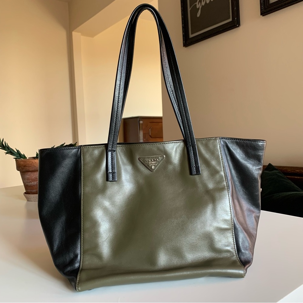 Prada Black and Olive (military green) Soft Calf Leather Shopping Tote Bag